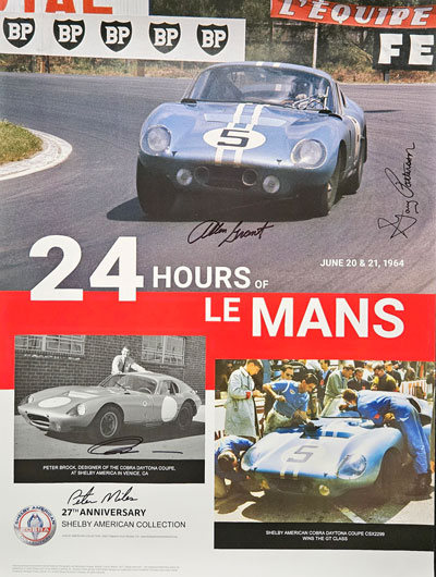 Four autographs Shelby Collection Peter Brock Daytona Cobra Coupe poster 18x24